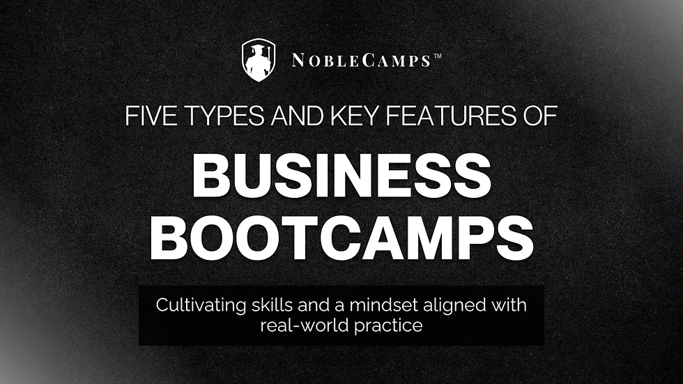 Text on dark background: "NobleCamps Five Types and Key Features of Business Bootcamps. Cultivating skills and mindset with real-world practice."
