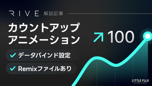 RIVE解説記事の画像。カウントアップアニメーションで100を示す曲線グラフ。青い矢印、チェックマークのリストが特徴的。