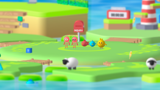 Colorful cartoon creatures stand on a grassy island with an "Inquiry" sign. Background includes a lighthouse and sheep by water.