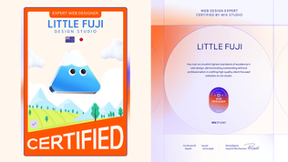 A digital badge and certificate for LITTLE FUJI Design Studio, awarded by Wix Studio. The badge features a cute Mt. Fuji character with the label “CERTIFIED – Expert Web Designer,” and the certificate highlights excellence in web design, issued on July 21, 2025.