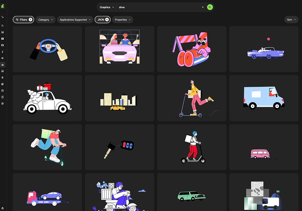 Grid of various transportation-themed graphics, including cars, scooters, and cityscapes on a black background. Icons and illustrations shown.