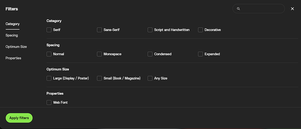 Font filter menu with options for Category, Spacing, Optimum Size, Properties. Apply filters button is green. Black background.