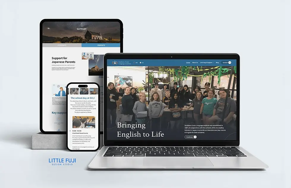 Responsive Wix Studio website design for Southern Cross Language Institute, a New Zealand language school. Website displayed across desktop, tablet, and mobile devices, featuring a multilingual English and Japanese user experience, responsive layouts, and modern educational website design.