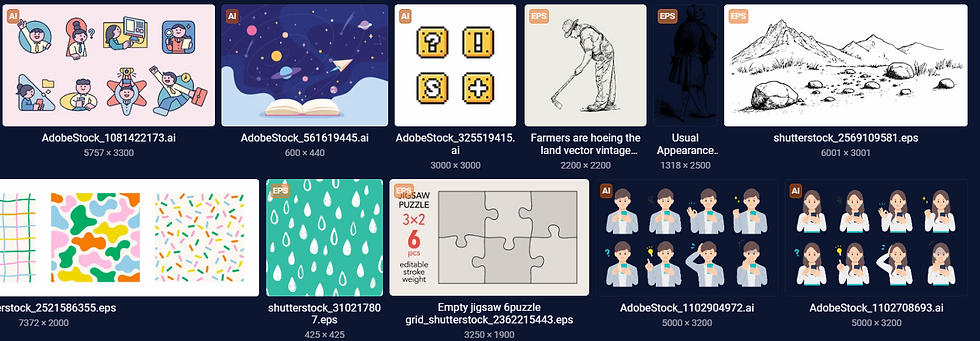 Collage of illustrations and patterns: cartoon characters, nighttime sky with book, vintage farmer, mountain sketch, colorful patterns, puzzle, and emojis.