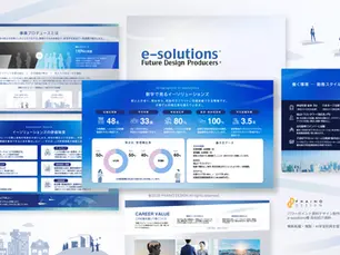 青と白基調の企業紹介資料のコラージュ。e-solutionsのロゴ、数値や円グラフ、働く環境の説明、人物イラストが並ぶ。
