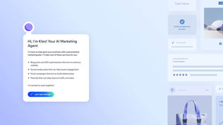 AI agent Kleo offers marketing services on a blue background. Services include SEO, social media, and ads. "Let's Get Started" button visible.