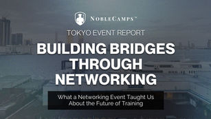 Text: Tokyo Event Report, Building Bridges Through Networking. Background shows a city skyline and water. Mood is professional and modern.