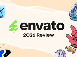 Envato 2026 Review graphic with drawings: pink hand, flowers, butterfly, and a colorful loop. Text: "Little Fuji Design Studio." Bright, playful design.