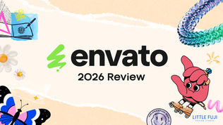 Envato 2026 Review graphic with drawings: pink hand, flowers, butterfly, and a colorful loop. Text: "Little Fuji Design Studio." Bright, playful design.