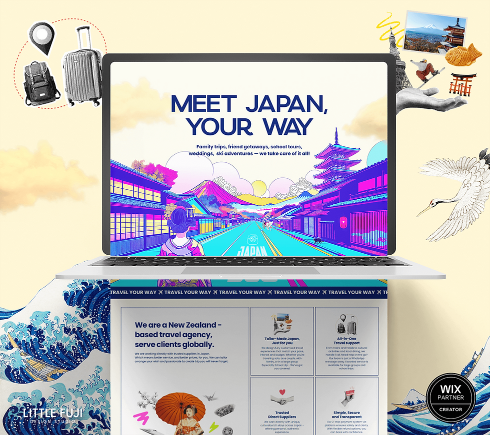Laptop displaying a colorful Japan travel website, surrounded by icons like Tokyo Tower, Mount Fuji, luggage, and a crane illustration.