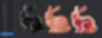 Three rabbit sculptures in black, pink, and beige with shiny surfaces are aligned. Left sidebar shows texture options.