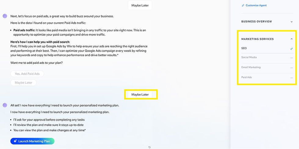 マーケティングサービスの選択画面。SEOのみ追加されており、他は未選択。「Maybe Later」ボタンも見える。