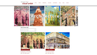 Art website showcasing architectural paintings. Display includes colorful church and hotel artworks. Text says "Architecture" and "George Linou visual artist."