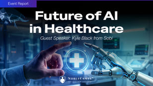 Event Report poster for Future of AI in Healthcare, with a human hand and robot hand reaching toward a glowing medical cross.