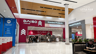 Full exterior view of DAISO JAPAN and Standard Products storefronts inside a shopping mall.
