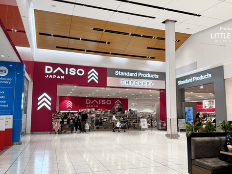 Full exterior view of DAISO JAPAN and Standard Products storefronts inside a shopping mall.