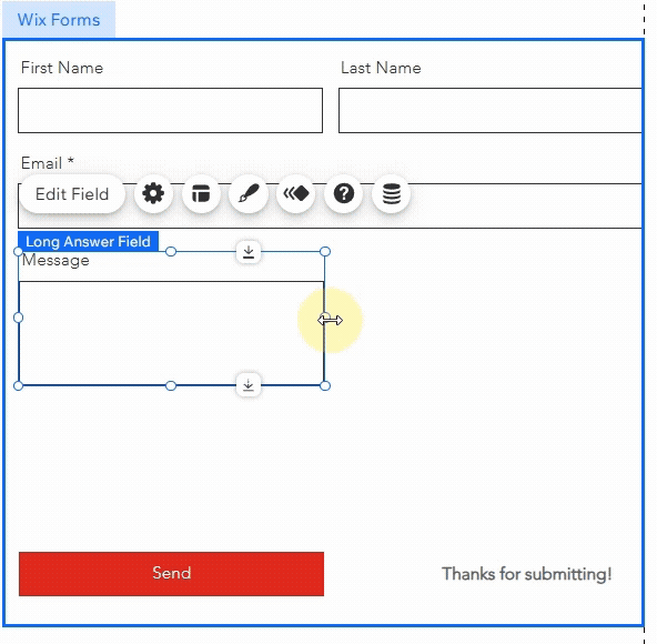 Wix form editor showing fields for First Name, Last Name, Email, and a Message box. Red "Send" button and text "Thanks for submitting!" visible.