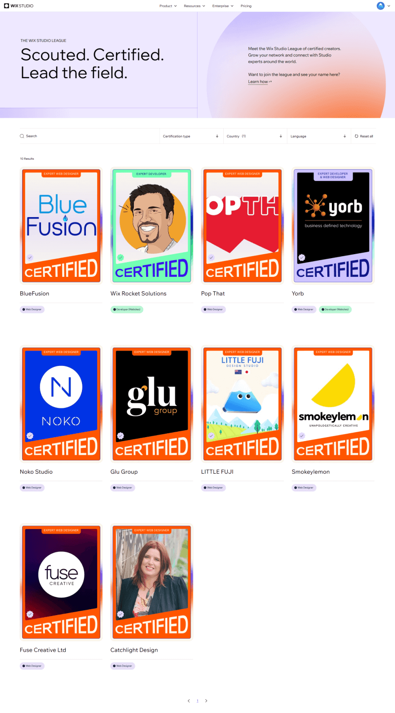 Web page showcasing certified experts with colorful cards displaying company logos and illustrations. Text: "Scouted. Certified. Lead the field."