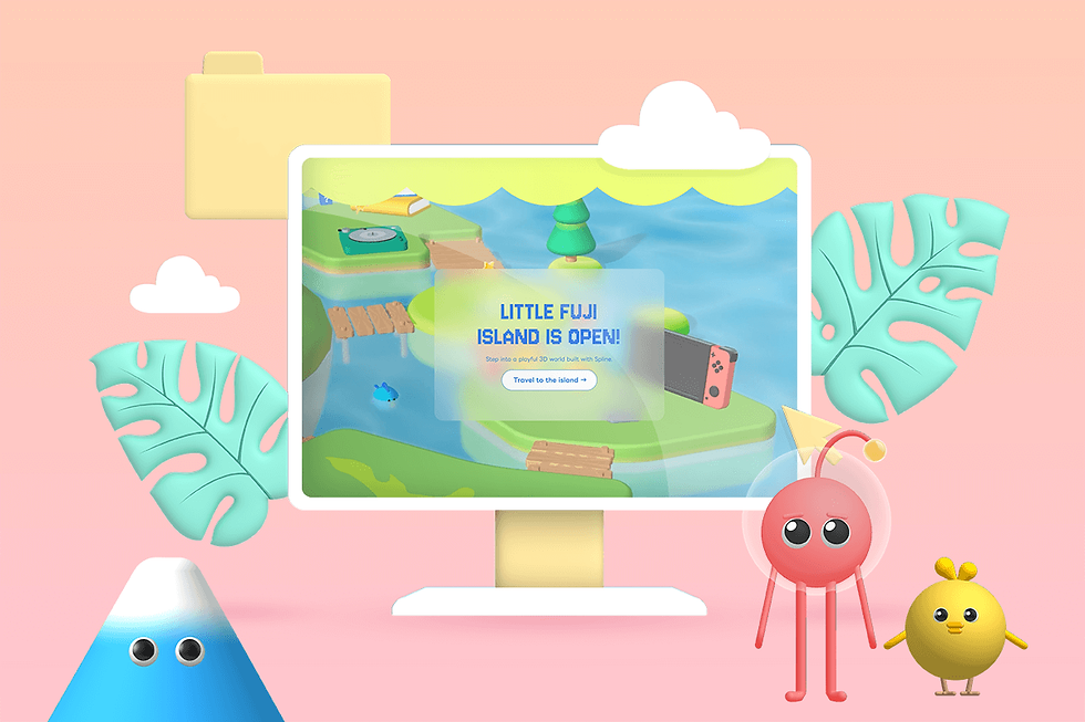 ピンクの背景にモニターがあり、「LITTLE FUJI ISLAND IS OPEN!」と表示。画面にはカラフルな3D世界。モニター前にキャラクター2体。