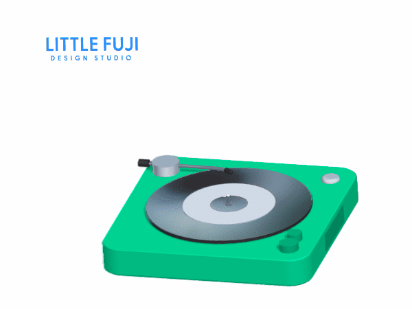 緑のターンテーブルがレコードを回転させているアニメーション画像。左上に「LITTLE FUJI DESIGN STUDIO」のテキストがある。