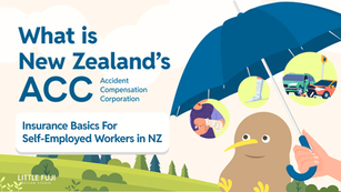 Cartoon kiwi holds blue umbrella with accident images. Text: What is New Zealand's ACC, Insurance Basics for Self-Employed Workers in NZ.