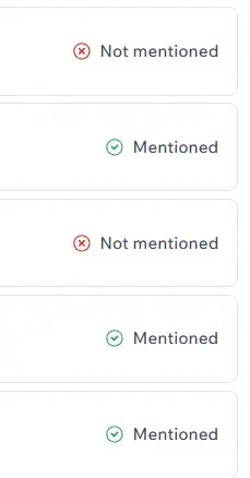 Vertical list of rounded cards showing red X Not mentioned and green check Mentioned on a white background