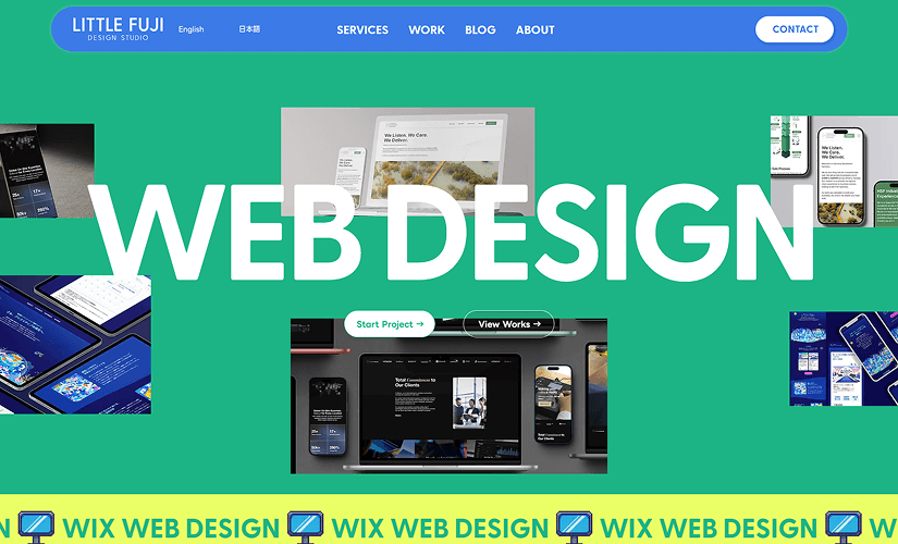 「WEB DESIGN」の文字が重なる複数のPC・モバイルデザインのスクリーンショット。緑の背景にナビゲーションバーと「WIX WEB DESIGN」の繰り返し表示。