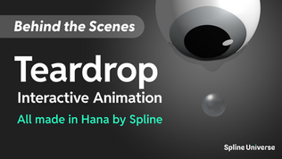 On a black background, the words “Behind the Scenes” and “Teardrop Interactive Animation” are displayed. A sphere appears at the top, with a smaller sphere floating below.
