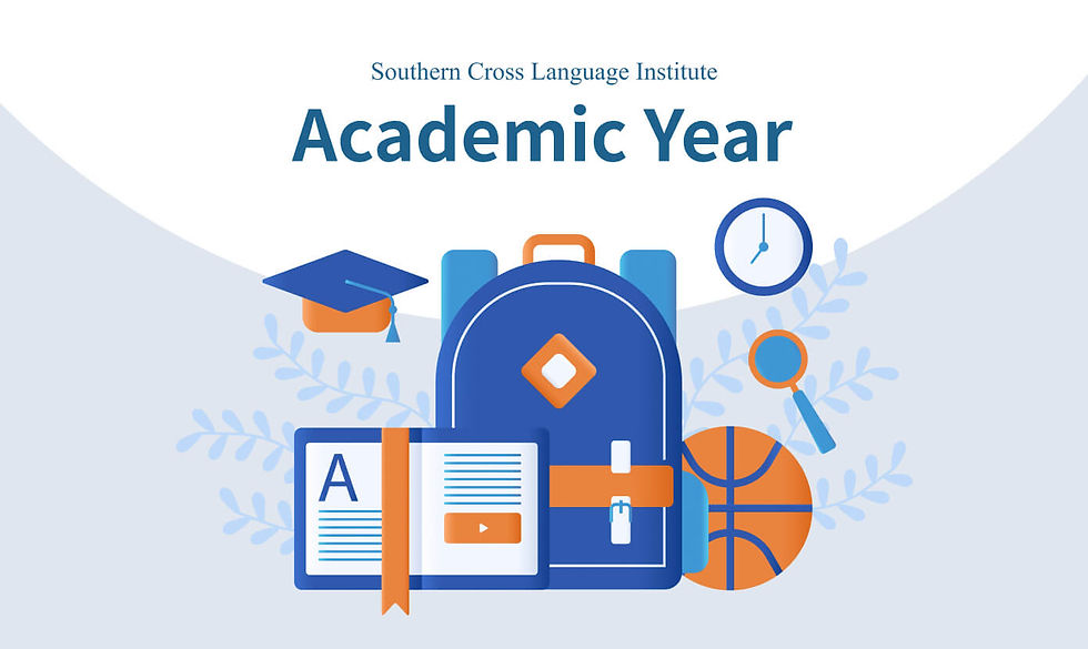 Southern Cross Language Institute Academic Year banner with backpack, books, graduation cap, clock, magnifier, and basketball.