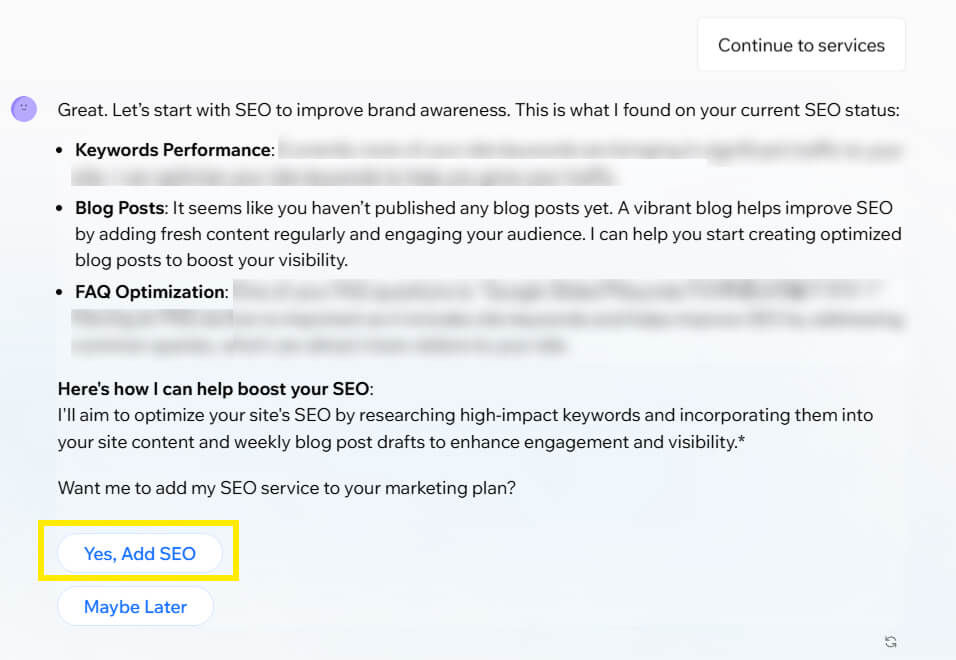 SEO分析結果と提案内容が表示された画面。「Yes, Add SEO」ボタンでSEOサービスを追加可能。