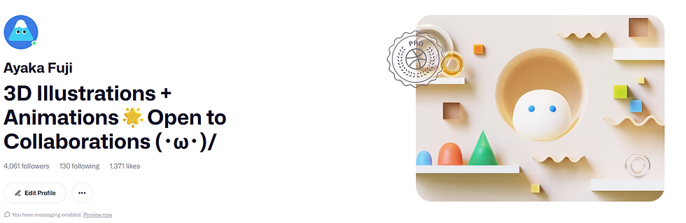 3Dイラストとアニメのプロフィール画像。左にテキスト「3D Illustrations + Animations」右にカラフルなジオメトリックオブジェクト。