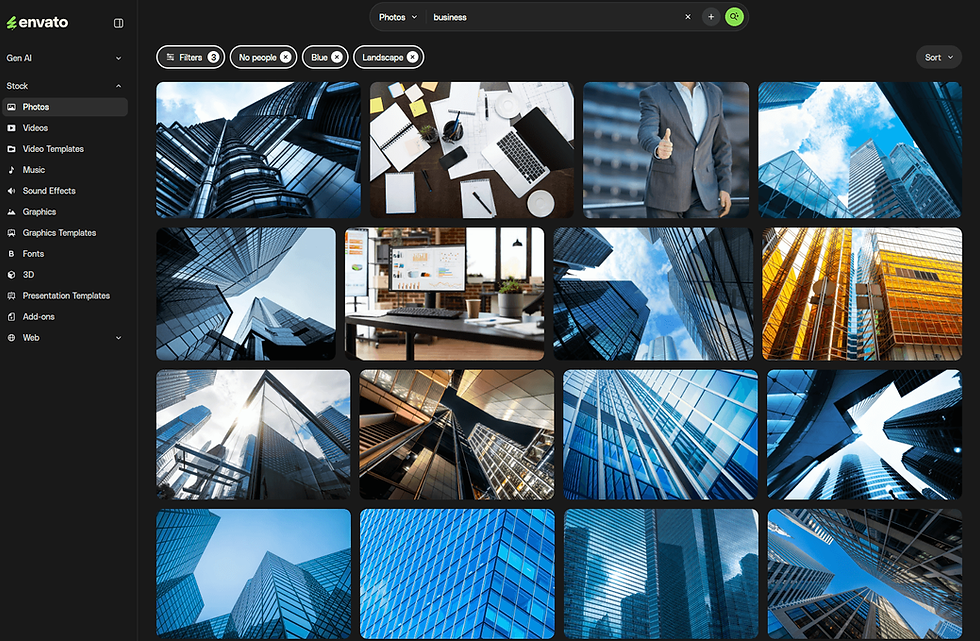 Grid of business-themed images showing skyscrapers, office setups, and a suited person gesturing thumbs up. Predominantly blue tones.