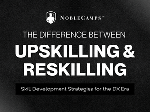 Black background with "NobleCamps" logo. Text reads "The Difference Between Upskilling & Reskilling" and "Skill Development Strategies for the DX Era.”