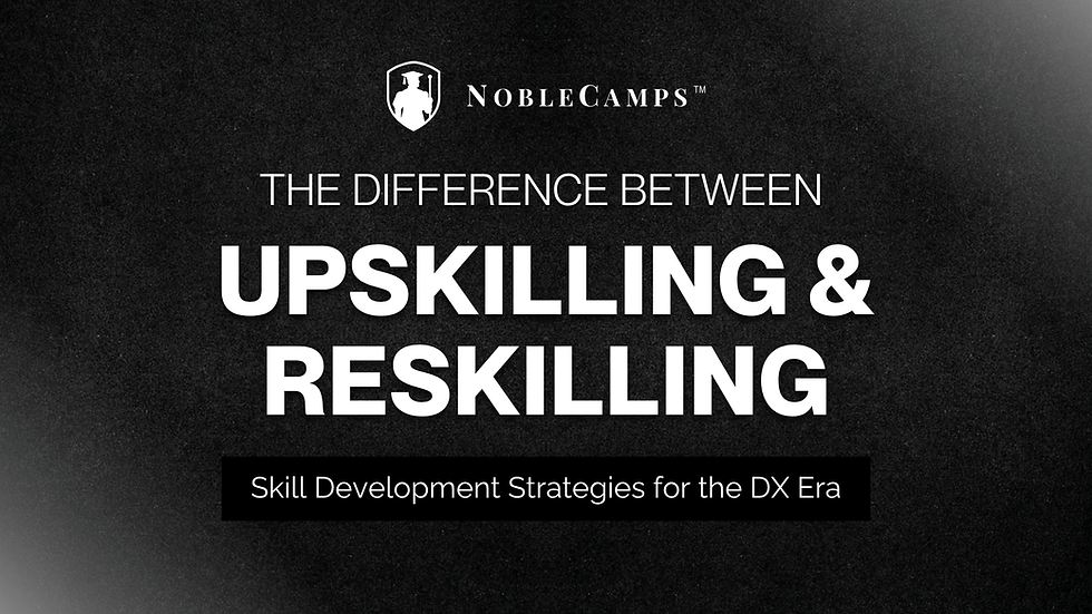 Black background with "NobleCamps" logo. Text reads "The Difference Between Upskilling & Reskilling" and "Skill Development Strategies for the DX Era.”
