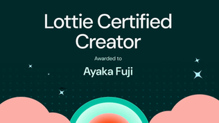 Certificate for "Lottie Certified Creator" awarded to Ayaka Fuji. Features a retro sunset, clouds, and vibrant paper planes. Date: Apr 3, 2026.