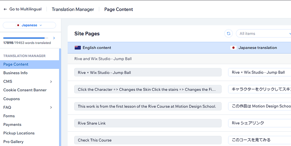 Translation Manager page showing Site Pages with English and Japanese content columns, sidebar menu, and translation progress.