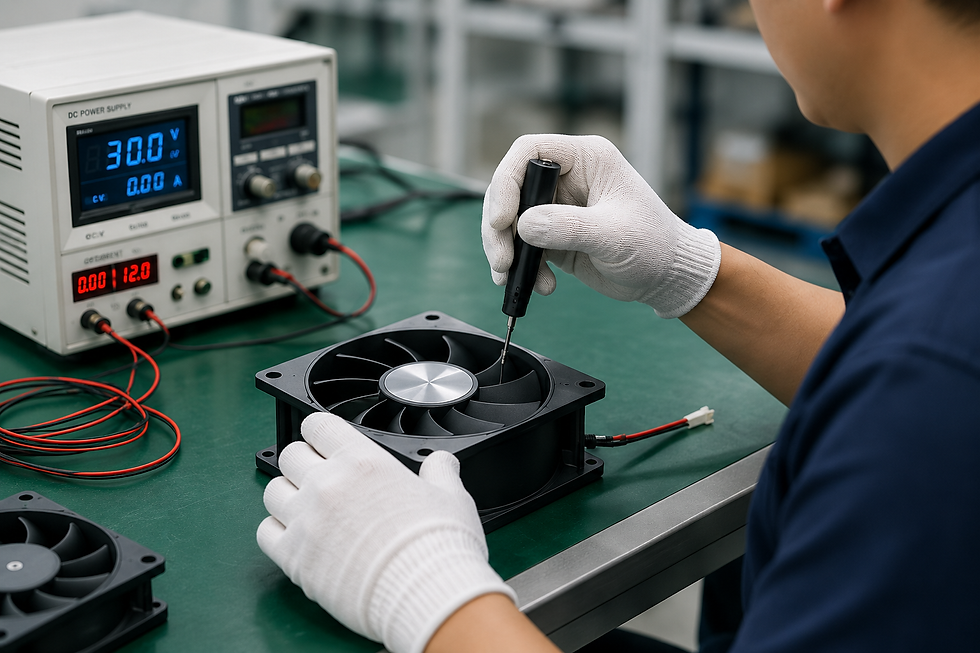 DC cooling fan assembly and product checking with power supply testing equipment