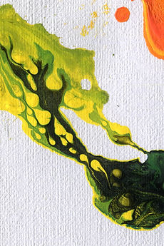 paul-blenkhorn painting in green,, yellow and orange on a white canvas textured background. The paint appears to be dripping down the page from top left to bottom right as if it were pooling on the surface of water.