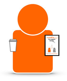 cartoon image of the orange noodle character holding a take away coffee and the essential talk-it™ cards