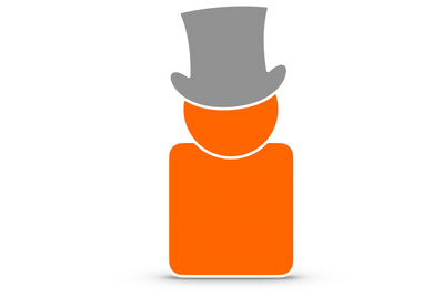 cartoon image of the orange noodle character in a grey top hat