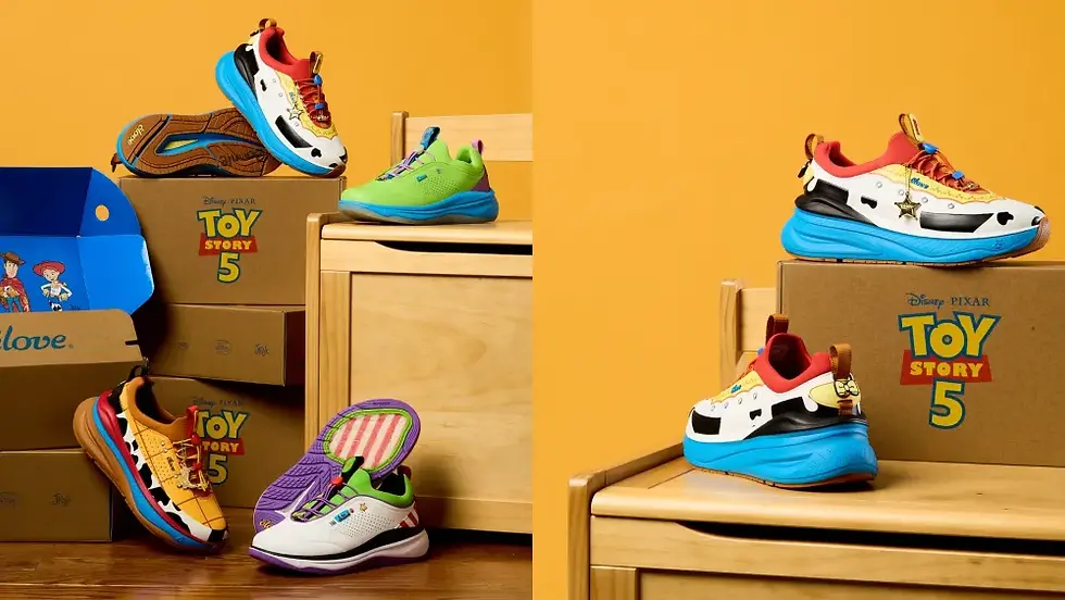 Toy Story 5 themed sneakers displayed on boxes and a wooden bench against a yellow background, with Disney Pixar logo.