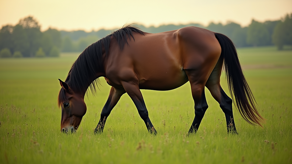 High angle view of a horse grazing in a green pasture