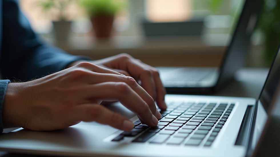 Close-up view of a person’s hands typing on a laptop keyboard