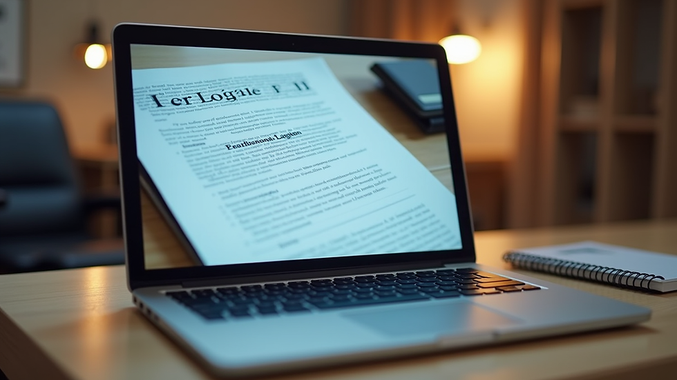 Eye-level view of a laptop on a desk with a legal document on screen