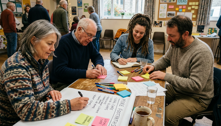 Eye-level view of residents writing ideas on paper at a community table.