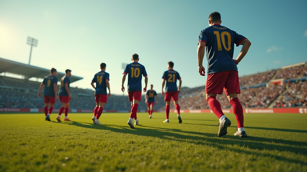 Eye-level view of a sports team wearing matching custom jerseys on a field