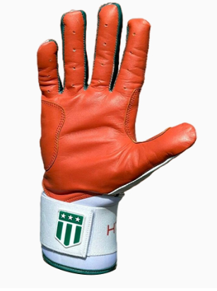 Thumbnail: Long cuff White Glove with an Orange Palm and Green Trim Stock