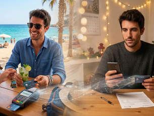 Un hombre pagando unas vacaciones de verano en una playa con una tarjeta y, más tarde, revisando facturas en invierno, con un flujo de datos visible conectando las dos escenas.