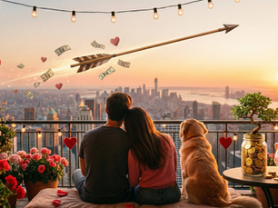 Aquí tienes una opción breve y descriptiva optimizada para accesibilidad y SEO:  "Pareja joven y su perro en una terraza al atardecer observando una flecha de Cupido que deja una estela de dinero, simbolizando el crecimiento financiero y el amor a largo plazo.