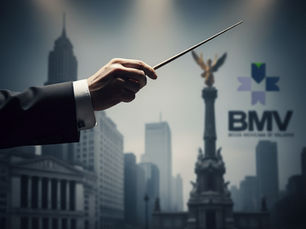 La mano de un director de orquesta sostiene una batuta en un gesto de control, frente a un fondo desenfocado que combina icónicos símbolos económicos de México, como el Ángel de la Independencia y la Bolsa Mexicana de Valores, con edificios de Wall Street.